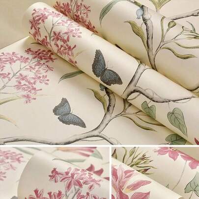 1 Roll Vintage American Country Floral Bird Peel And Stick Wallpaper, Suitable For Home Decor, Kitchen Cabinets, Furniture, Room Backgrounds, Home Improvement, DIY Projects. Features Water-Resistant, Stain-Resistant, Easy To Clean, Self-Adhesive And Removable.