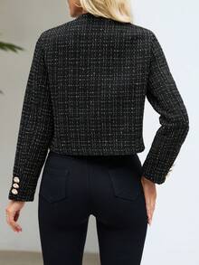 Women's Elegant Round Neck Long Sleeve Thick Wool Front Button Cardigan Jacket - Black - View 2