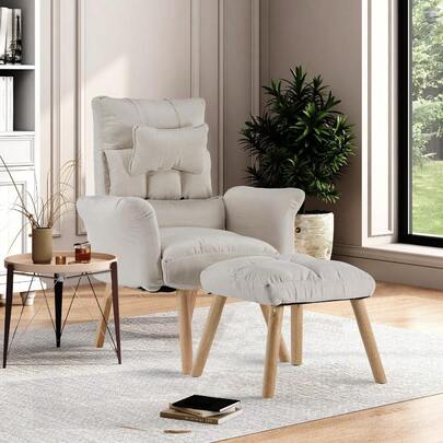 OFCASA Recliner Armchair With Footstool, 5-Position Adjustable Backrest, Living Room Accent Chair Lazy Sofa With Thick Padded Seat And Wooden Legs For Relaxed Reading