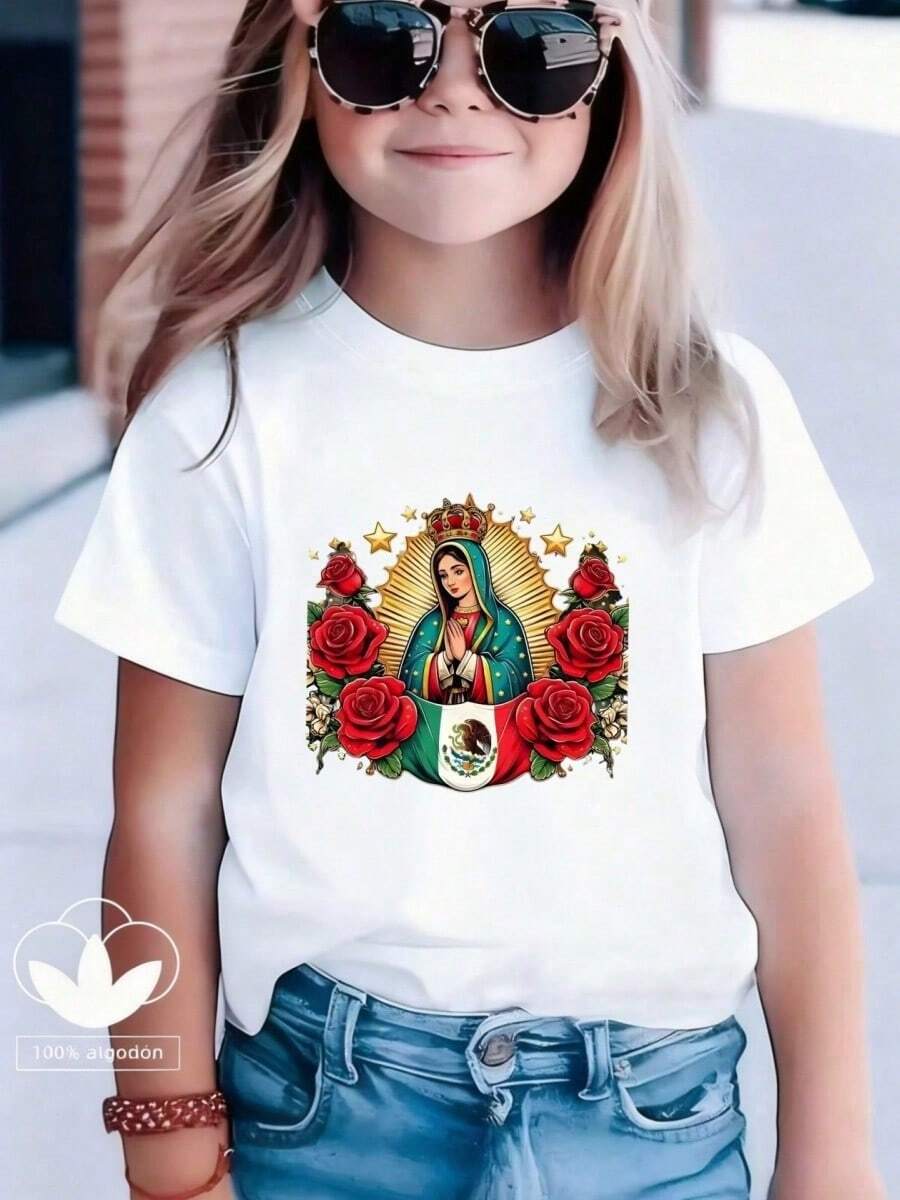 Esta nueva camiseta de manga corta para niñas, 100% algodón, luce modernos estampados de Rosa, informal y versátil. Confeccionada con un tejido suave y delicado con la piel, es suave con la piel sensible de tu hija, permitiéndole libertad de movimiento y comodidad durante reuniones familiares, actividades escolares o juegos al aire libre. - Blanco - Ver 1
