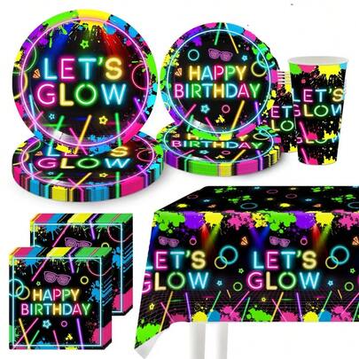 这款50/51件装荧光派对缝纫一次性餐具套装包含10个餐盘、10个甜点盘、10个纸杯、20张餐巾纸、1张桌布和1条横幅。这套便捷的餐具套装适用于露营、野餐、花园烧烤、婚礼和生日派对等场合。