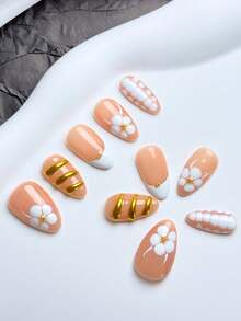 10pcs Short Almond Nude & White Elegant French Handmade Nails, Simple White Print, Gold Decorative Embellishment, Nail Supplies, Homemade Nails DIY Press On Nails Nail Art Acrylic False Nails; Suitable For Holiday, Parties, Daily Wear - White - View 3