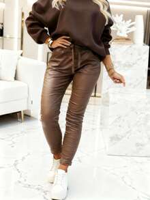 Damen Thermisch gefütterte Hose mit hoher Taille aus Kunstleder mit Kordelzug, lässige plissierte Taschen Slim Fit warme Kunstleder Leggings - Schokoladenbraun - Übersicht 3