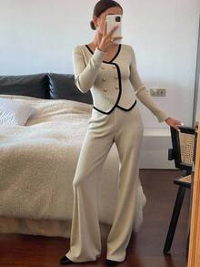 Livesso 女士撞色针织上衣和阔腿裤两件套，秋季家居服套装 - 杏色 - 查看 3