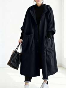 秋冬女士宽松长款风衣，大口袋，纽扣前襟，连帽，休闲百搭 - 藏蓝色 - 查看 1