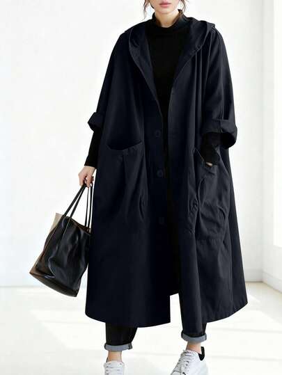 秋冬女士宽松长款风衣，大口袋，纽扣前襟，连帽，休闲百搭