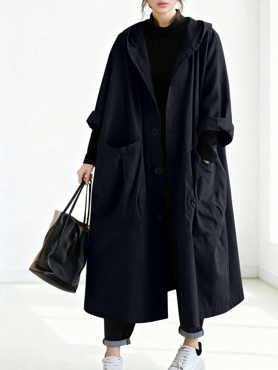 秋冬女士宽松长款风衣，大口袋，纽扣前襟，连帽，休闲百搭 - 藏蓝色 - 查看 1