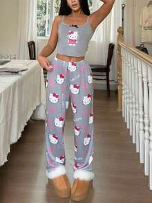 Sanrio 2pcs Hello Kitty Print Women's Camisole Crop Top + Elastic Waist Straight Pants Cute Pajama Set