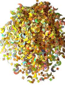 1套金色星星和月亮激光彩纸屑，斋月星月散落装饰，餐桌装饰，婴儿派对，新娘洒彩，餐桌抛洒，拍照背景，活动装饰，婚礼装饰，女孩生日派对，情人节，新年，开斋节。 - 金色 - 查看 5