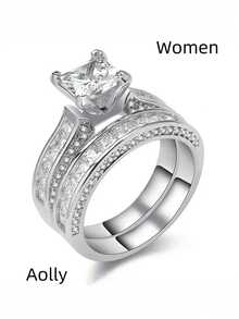 Charming Couple Ring Fashion New Silver Women's Wedding Ring Set, 1 Men's Stainless Steel Wedding Ring Valentine's Day Jewelry - 銀色 - 查看 6