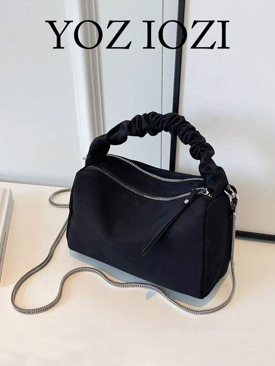 Túi đựng bowling PU vân vải họa tiết cổ điển, túi xách/túi đeo vai thời trang dành cho nữ, phù hợp để đi làm, mùa thu/đông - màu đen - Xem 1