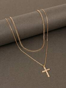 1pc Women Necklace With Fashionable Double Chain Cross & Heart Pendant - Yellow Gold - View 5