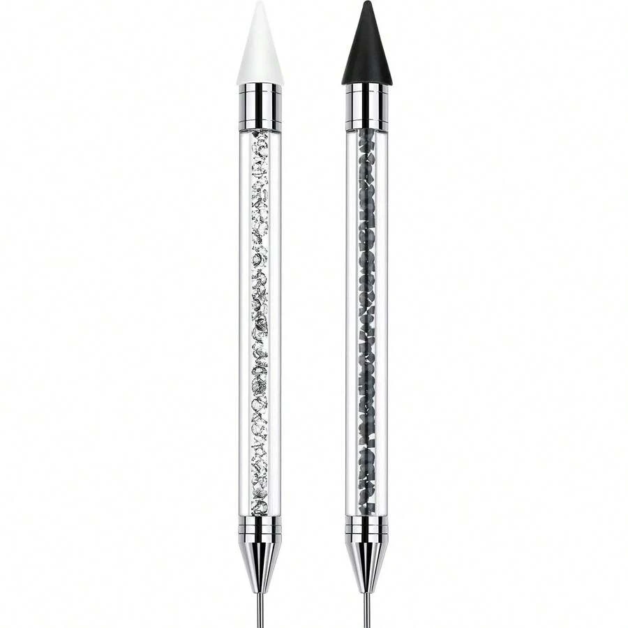 Rhinestone Picker Dotting Pen, Dual-Ended Rhinestone Gems Crystals Studs Picker Wax Pencil Pen Crystal Beads Handle Manicure Nail Art DIY Decoration Tool (Black White) - 2pcs - 查看 1