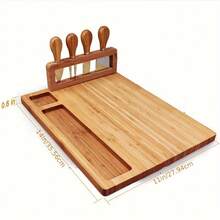 1Set Bamboo Cheese Board Set With Cutting Board And Cheese Knives, Square, Natural Wood Grain, For Thanksgiving Family Day, Spring Festival - Multicolor - View 9