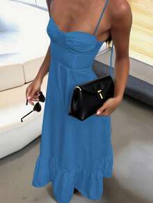 Đầm maxi nữ không tay, dây buộc, kiểu dáng thanh lịch, hở vai, dáng rộng, thích hợp đi biển, phong cách bohemian, gợi cảm, hở lưng, dáng chữ A, thích hợp cho mùa xuân/hè/thu. - Màu xanh lam - Xem 3