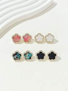 4 Pairs (Large 1.5cm) Fashionable Luxury Sparkling Clover Earrings Set, Versatile Daily Wear Earrings For Women - Multi-colored Rhinestones - View 5