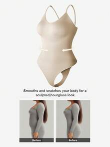 1pc Plus Size Women Slimming Backless Seamless Bodysuit, Sexy One-Piece Lingerie Shapewear For Summer, Under Dress - Apricot - View 2