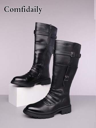 男士新款冬季靴，时尚休闲搭扣高帮靴，纯色百搭摩托车皮靴