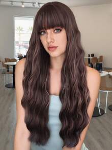 1 Piece Curly Synthetic Hair Wig With Bangs, Burgundy Long Wavy Heat Resistant Fiber Wig For Girls' Parties Or Daily Use - Multicolor - View 12
