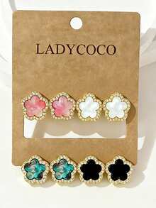 4 Pairs (Large 1.5cm) Fashionable Luxury Sparkling Clover Earrings Set, Versatile Daily Wear Earrings For Women - Multi-colored Rhinestones - View 7