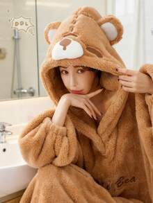 女士棕熊毛绒睡袍，舒适冬季连帽睡衣，熊脸图案，可爱卡通浴袍，柔软毛绒材质，长袖带口袋，休闲家居服，室内装饰，熊图案服装，可作毯子使用，舒适家居服，趣味设计，毛绒材质，成人款睡袍，家居服套装，适合新年，冬季礼物 - 彩色 - 查看 5