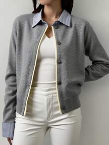 DAZY Women's Contrast Stripe Patchwork 2 In 1 Casual Cardigan - Grey - View 8