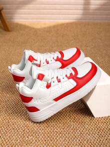 Cute And Casual All-Season Non-Slip Comfortable Versatile Wear-Resistant Lightweight High-Top Flat Shoes For Boys And Girls, Suitable For School, Running, And Sports. - 紅白色 - 查看 4