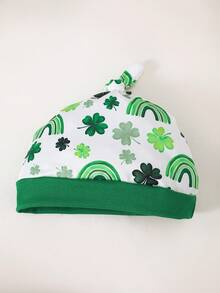 1pc Baby Boys' Green Four-Leaf Clover Print Hooded Front Snap Closure Romper + Hat Set - Green - View 4