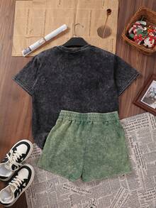 LQTY 棉质，夏季女装纯色街头时尚，韩版舒适复古基础时尚通勤百搭 Y2k 服装女装，适合户外休闲，常规小众朋克风格黑色+深绿色修身圆领短袖水洗 T 恤短裤两件套 - 彩色 - 查看 2