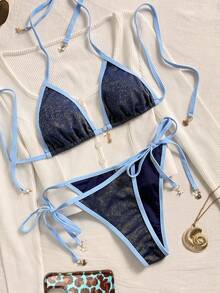 Women's Sexy Backless Contrast Binding Halter Split Bikini Set, Beach Holiday Style - Blue - View 9
