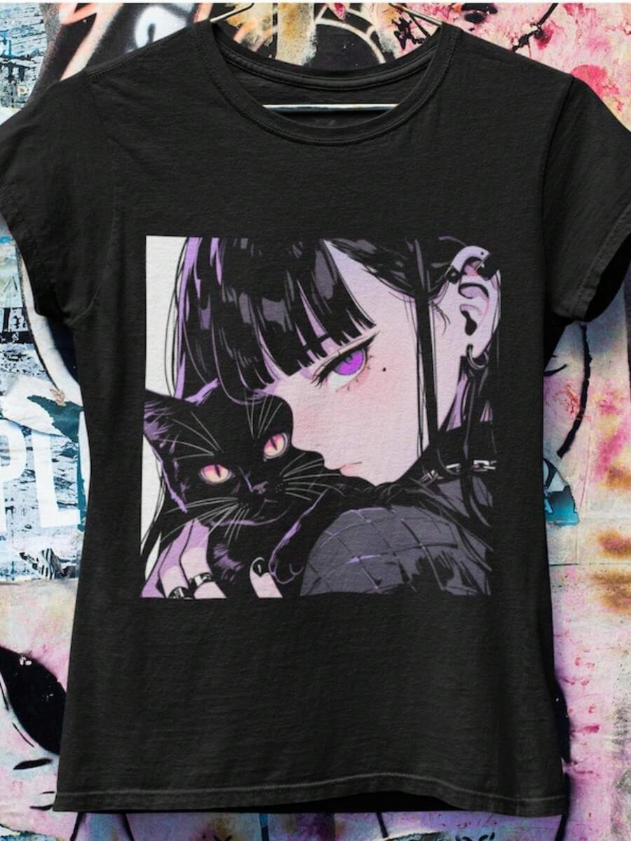 Pastel Goth Anime Oversized Tshirt _ Harajuku Streetwear _ Japanese Streetwear _ Grunge Aesthetic _ - 黑色 - 查看 1