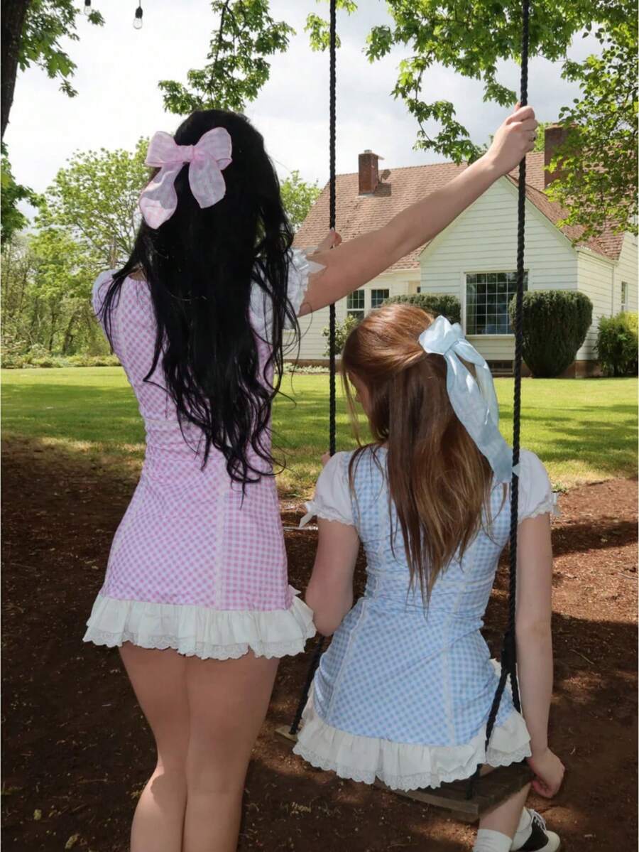 Women's Plaid Gingham Checkered Bodycon Mini Dress With Puff Sleeves Lace Trim Bow Cottagecore For Cosplay Holiday Party - 粉色 - 查看 1