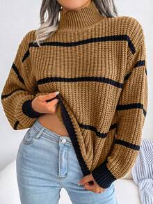 Casual Striped Lantern Sleeve Half High Neck Knitted Sweater Mujer Nuevo jersey de punto con cuello medio alto, estilo europeo y americano, para mujer, prenda exterior, a rayas, colores contrastados, moderno, cálido, cómodo, holgado, cuello alto. - Caqui - Ver 6