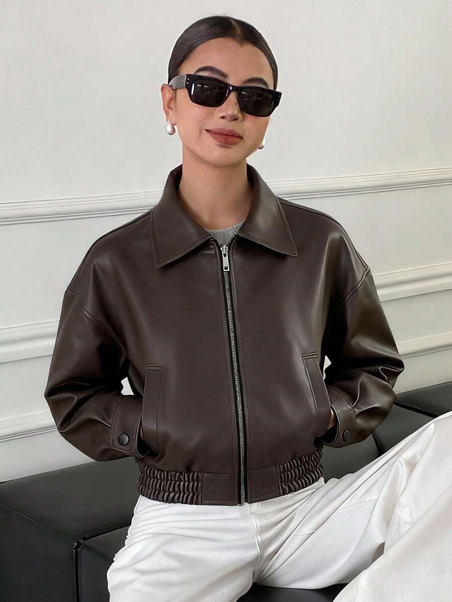 Livesso Spring New Vintage Leather Jacket, Short Style, Regular Fit, Women's Jacket For Valentine's Day Fall,Winter - Brown - View 1