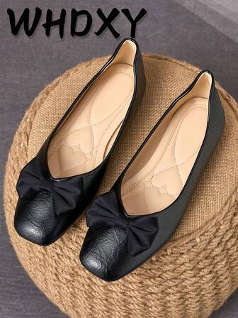 WHDXY Women's Black Bow Square Toe Flat Shoes, Soft & Cushioned, Non-Slip , Comfortable For Female College Students/Office Workers, Suitable For Work, School, Shopping