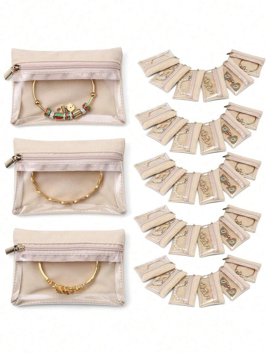 Bộ 6 túi đựng trang sức bằng nhung trong suốt có khóa kéo, thích hợp cho phụ nữ và bé gái, món quà hoàn hảo cho đám cưới và kỷ niệm.