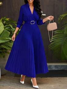 轻盈面料宽松纯色褶皱连衣裙，配腰带，复古风格女装，适合秋冬季节，优雅女士，返校节、婚礼、生日、教师装等场合。 - 藏蓝色 - 查看 2