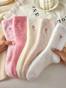 1Pair Mink Plush Bow Fluffy Mid-Calf Socks, Cute & Sweet Mid-Calf Socks, Thick & Warm For Home, Sleep, Bow Pattern, Soft & Comfortable, Suitable For Autumn/Winter Christmas Gift - 彩色 - 查看 5