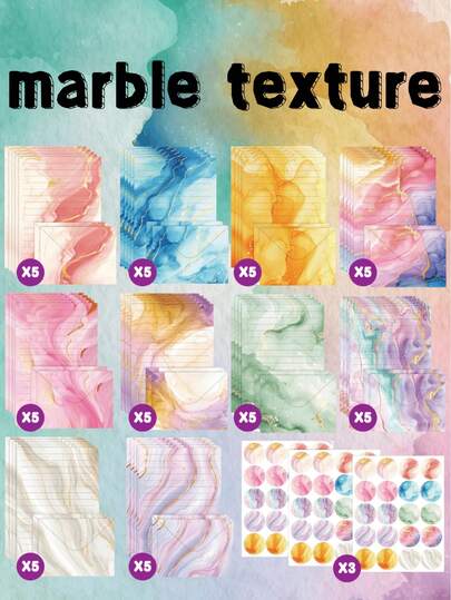 （50个信封+50张纸+60张贴纸）大理石纹理风水彩色纸信封套装。通用节日贺卡文具。氛围书写用品套装。适用于派对礼物、开学/毕业礼物、日常礼物、生日礼物、手绘、写信等。