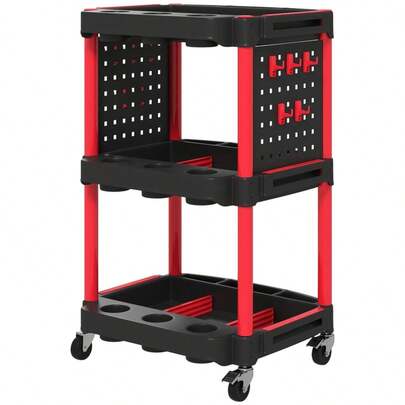 HOMCOM Rolling Workshop Trolley With 3 Shelves, Side Shelves With Holes, Tool Cart With 10 Hooks, Workshop Trolley With Holes For Garage, Warehouse, Max. 91 Kg Load Capacity, Black