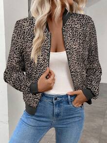 Keke Bloomly 圣诞女士轻薄长袖拉链休闲豹纹棒球夹克，时尚常规版型开衫 - 棕色 - 查看 3