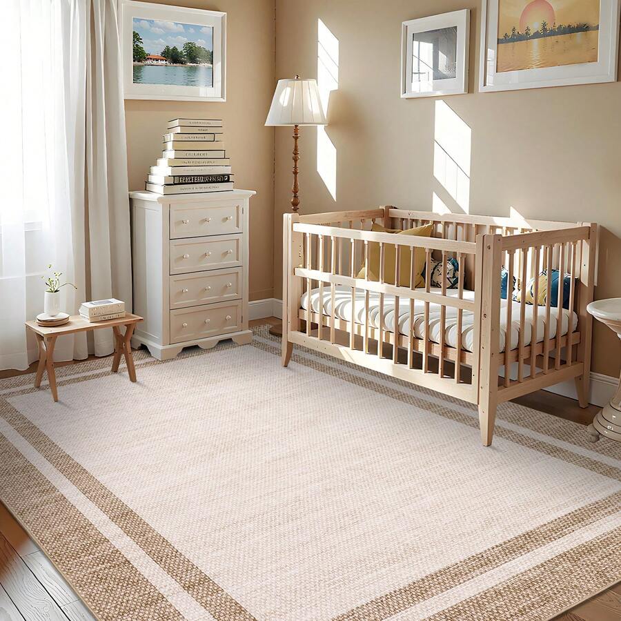 Modern Bordered Solid Color Rug Large Size Washable Area Rug Simple Neutral Tones Foldable Printed Decorative Rug Soft And Non-Slip For Bedrooms Dining Rooms Offices Hallways Apartments - Beige - View 1