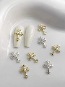 10 piezas de adornos de uñas de cruz 3D de perlas falsas en dorado y plateado, suministros de uñas de estilo retro punk Y2K con metales brillantes, gemas de rhinestones para decoración de uñas, adecuados para accesorios DIY multifuncionales - Multicolor - Ver 1