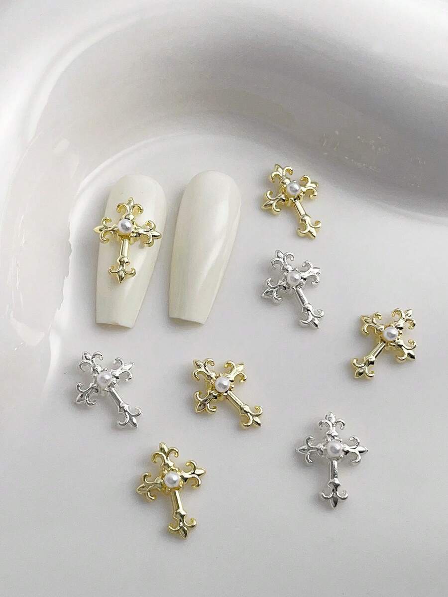 10 piezas de adornos de uñas de cruz 3D de perlas falsas en dorado y plateado, suministros de uñas de estilo retro punk Y2K con metales brillantes, gemas de rhinestones para decoración de uñas, adecuados para accesorios DIY multifuncionales - Multicolor - Ver 1