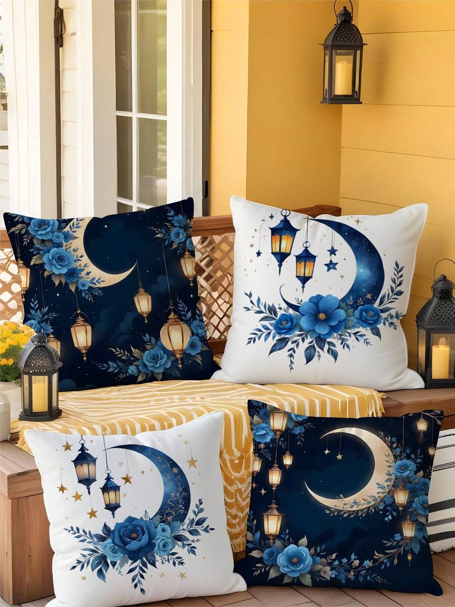 1pc/4pcs Ramadan Polyester Printed Cushion Cover, Blue Moon Flower Cushion Cover, Pillow Pad, Room Decor, Bedroom Decor, Sofa Chair Decoration (Without Pillow Insert) - Multicolor - View 1