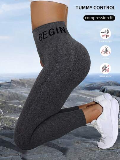 Women's High Waist Letter Print Yoga Pants, Elastic Breathable Fabric, Elastic Waistband, Suitable For Fitness, Yoga And Daily Wear. Fitness Leggings, High Waist Tight Pants.