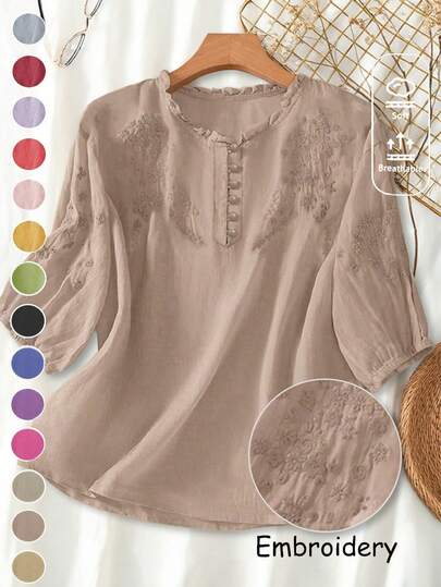 Plus Size Women's Spring/Summer Embroidered Loose Retro Mid-Sleeve Blouse