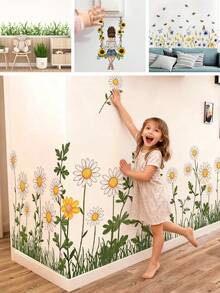 BRUP 1 张可爱雏菊墙贴，白色花瓣，向日葵，绿叶和花卉图案，可移除，即撕即贴，适用于儿童房和婴儿房装饰，充满奇思妙想的春季主题艺术 - 彩色 - 查看 2