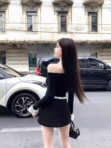 1pc Women's 2 In 1 Polka Dot Long Sleeve Knit Sweater, Off-Shoulder Patchwork Stylish Blouse - Black - View 7