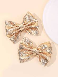 2pcs Shiny Gold Hair Bows For Baby Girls Sparkling Gold Bow Hair Clips Sparkly Glitter Gold Bow Alligator Clips Fashionable Holiday Birthday Party Hairpins Clips Casual Daily Barrettes Baby Hair Accessories - Gold - View 4
